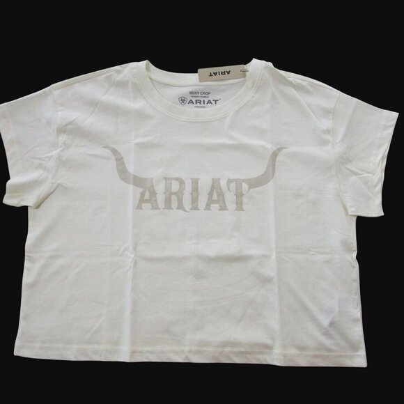 Ariat Women's LG Short Sleeve Wild Hat Graphic Boxy Crop T-Shirt Coconut Milk - Picture 1 of 2